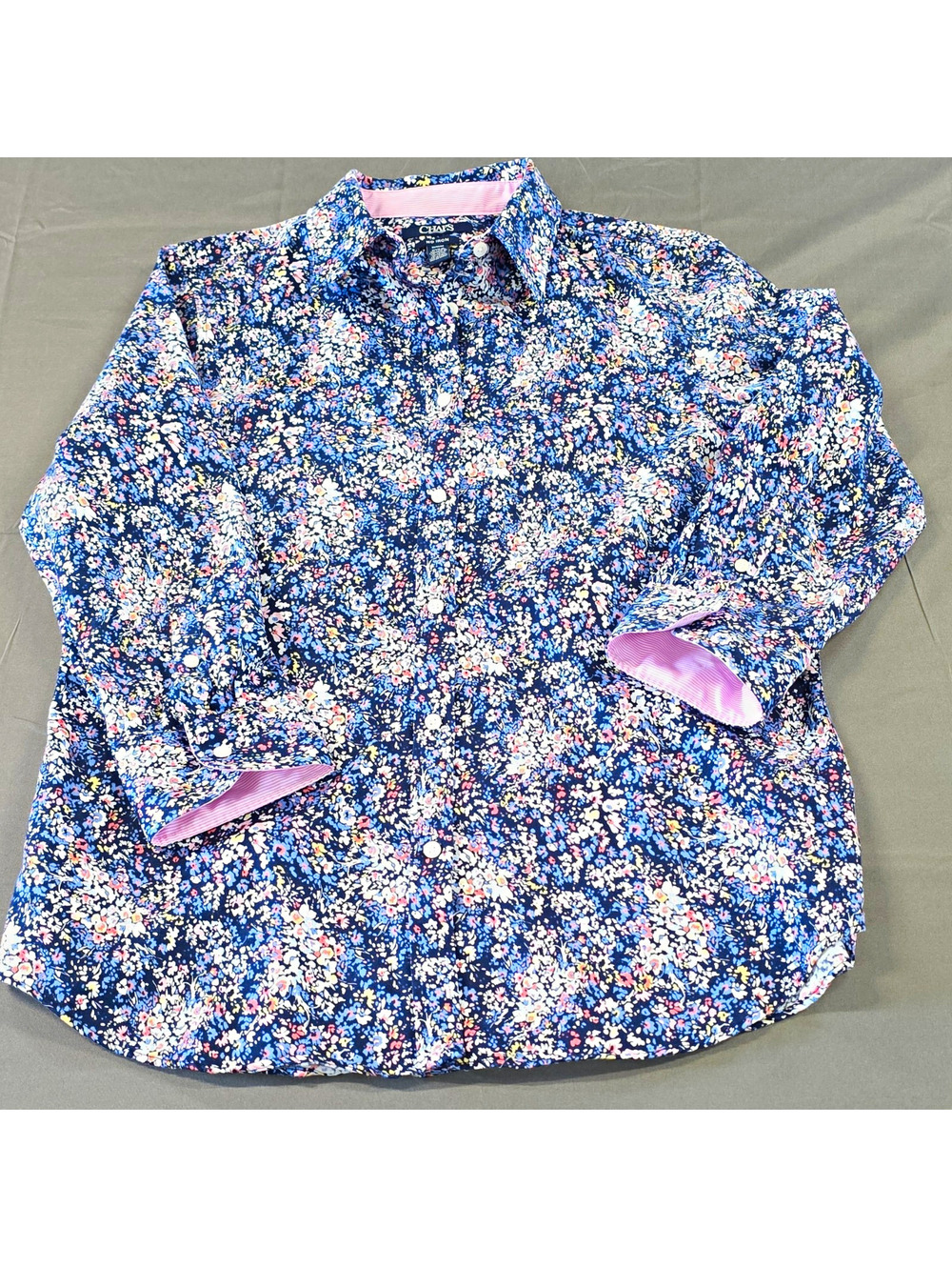 Chaps Womens No Iron, M Blue Floral Cotton button down